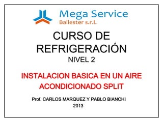 CURSO DE
REFRIGERACIÓN
NIVEL 2
INSTALACION BASICA EN UN AIRE
ACONDICIONADO SPLIT
Prof. CARLOS MARQUEZ Y PABLO BIANCHI
2013
 