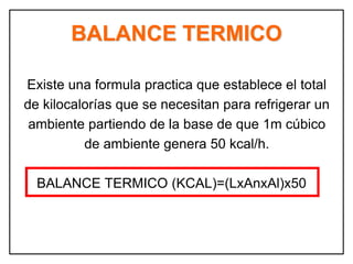 BALANCE TERMICO
Existe una formula practica que establece el total
de kilocalorías que se necesitan para refrigerar un
ambiente partiendo de la base de que 1m cúbico
de ambiente genera 50 kcal/h.
BALANCE TERMICO (KCAL)=(LxAnxAl)x50
 