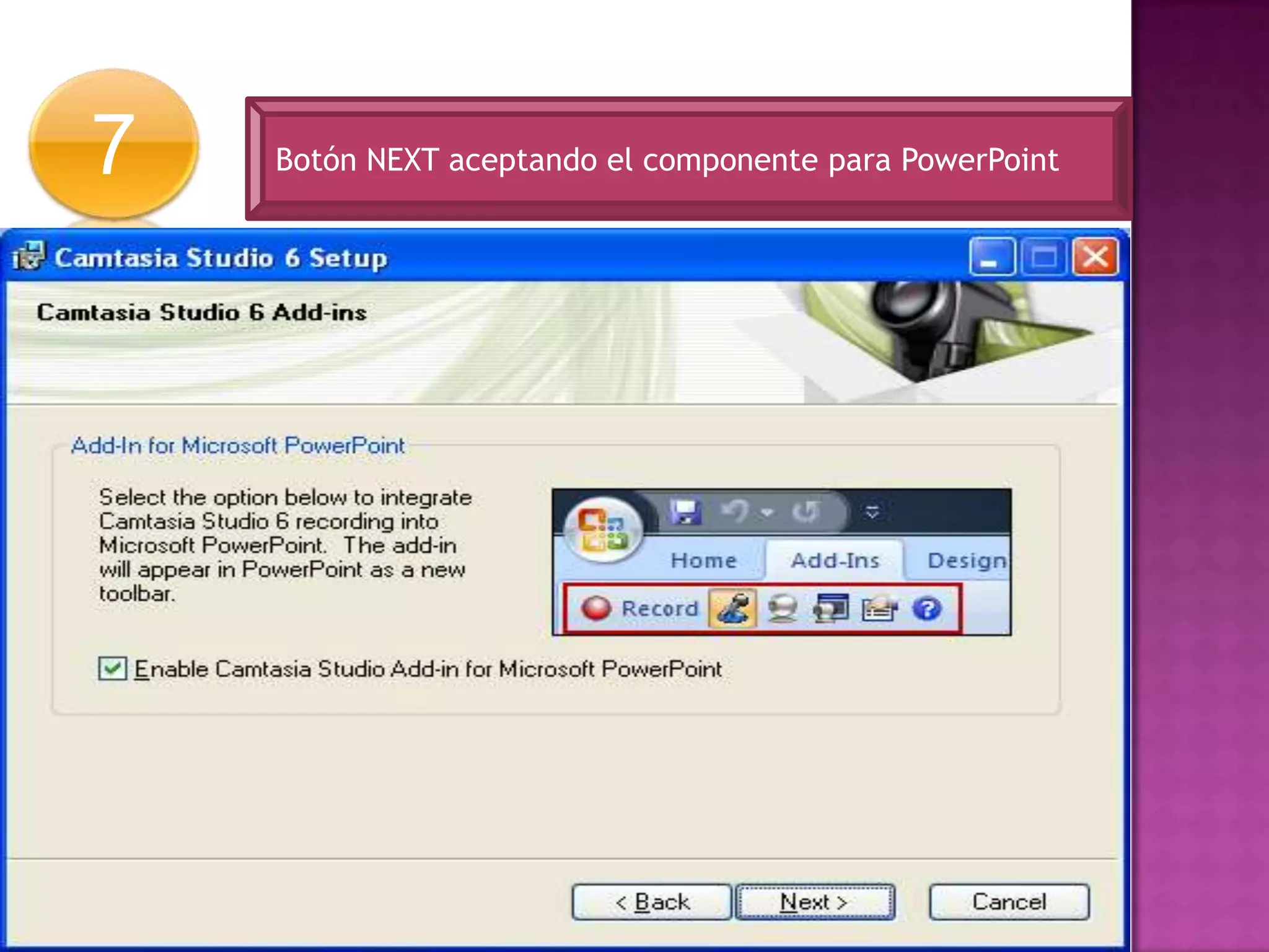 7 Botón NEXT aceptando el componente para PowerPoint