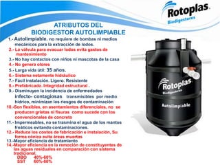 ATRIBUTOS DEL
BIODIGESTOR AUTOLIMPIABLE
1.- Autolimpiable. no requiere de bombas ni medios
mecánicos para la extracción de lodos.
2.- La válvula para evacuar lodos evita gastos de
mantenimiento
3.- No hay contactos con niños ni mascotas de la casa
4.- No genera olores
5.- Larga vida útil: 35 años.
6.- Sistema netamente hidráulico
7.- Fácil instalación. Ligero. Resistente
8.- Prefabricado. Integridad estructural .
9.- Disminuyen la incidencia de enfermedades
infecto- contagiosas transmisibles por medio
hídrico, minimizan los riesgos de contaminación
10.-Son flexibles, en asentamientos diferenciales, no se
producen grietas ni fisuras como sucede con los
convencionales de concreto
11.- Impermeables, no se trasmina el agua de los mantos
freáticos evitando contaminaciones.
12.- Reduce los costos de fabricación e instalación, Su
forma cónica evita áreas muertas
13.-Mayor eficiencia de tratamiento
14.-Mayor eficiencia en la remoción de constituyentes de
las aguas residuales en comparación con sistema
tradicional.
DBO 40%-60%
SST 60%-80%
 
