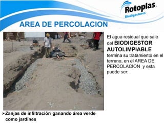 AREA DE PERCOLACION
El agua residual que sale
del BIODIGESTOR
AUTOLIMPIABLE
termina su tratamiento en el
terreno, en el AREA DE
PERCOLACION y esta
puede ser:
Zanjas de infiltración ganando área verde
como jardines
 