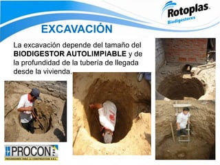 EXCAVACIÓN
La excavación depende del tamaño del
BIODIGESTOR AUTOLIMPIABLE y de
la profundidad de la tubería de llegada
desde la vivienda.
 
