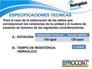 ESPECIFICACIONES TECNICAS
Para el caso de la elaboración de las tablas que
correlacionan los volúmenes de la unidad y el numero de
usuarios se tomaron de las siguientes consideraciones:
A.- DOTACION:
B.- TIEMPO DE RESISTENCIA
HIDRAULICO:
DESAGÜES TOTALES AGUAS GRISES
150 ippd 120 ippd
2 DIAS
 
