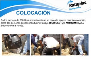 COLOCACIÓN
En los tanques de 600 litros normalmente no se necesita apoyos para la colocación,
entre dos personas pueden introducir el tanque BIODIGESTOR AUTOLIMPIABLE
sin problema al hueco.
 