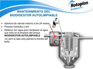 MANTENIMIENTO DEL
BIODIGESTOR AUTOLIMPIABLE
 Apertura de válvula máximo a los 24 meses
 Proceso hidráulico (∆H)
 Rellenar con agua para remplazar el agua
que salio en la limpieza del tanque
BIODIGESTOR AUTOLIMPIABLE
sin abrir la tapa solo jalando la bomba del
baño.
 