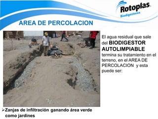 AREA DE PERCOLACION
El agua residual que sale
del BIODIGESTOR
AUTOLIMPIABLE
termina su tratamiento en el
terreno, en el AREA DE
PERCOLACION y esta
puede ser:
Zanjas de infiltración ganando área verde
como jardines
 