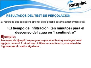 RESULTADOS DEL TEST DE PERCOLACIÓN
El resultado que se espera obtener de la prueba descrita anteriormente es:
“El tiempo de infiltración (en minutos) para el
descenso del agua en 1 centímetro”
Ejemplo:
A manera de ejemplo supongamos que se obtuvo que el agua en el
agujero demoró 7 minutos en infiltrar un centímetro, con este dato
ingresamos al cuadro siguiente.
 