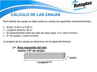 CÁLCULO DE LAS ZANJAS
Para diseñar las zanjas se debe tomar en cuenta las siguientes recomendaciones:
 Ancho: 0.45 m a 0.90 m.
 Longitud máxima: 30 m.
 El espaciamiento entre los ejes de cada zanja: 2 m. como mínimo.
 N° de zanjas: 2 como mínimo.
La longitud de las zanjas se determina con la siguiente formula:
L= Área requerida del test
ancho x N° de zanjas
Longitud=??
ancho
 