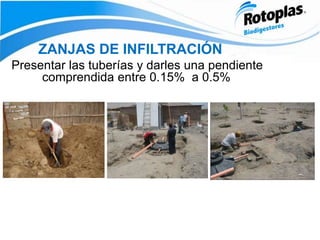 ZANJAS DE INFILTRACIÓN
Presentar las tuberías y darles una pendiente
comprendida entre 0.15% a 0.5%
 