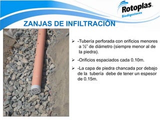  -Tubería perforada con orificios menores
a ½” de diámetro (siempre menor al de
la piedra).
 -Orificios espaciados cada 0.10m.
 -La capa de piedra chancada por debajo
de la tubería debe de tener un espesor
de 0.15m.
ZANJAS DE INFILTRACIÓN
 
