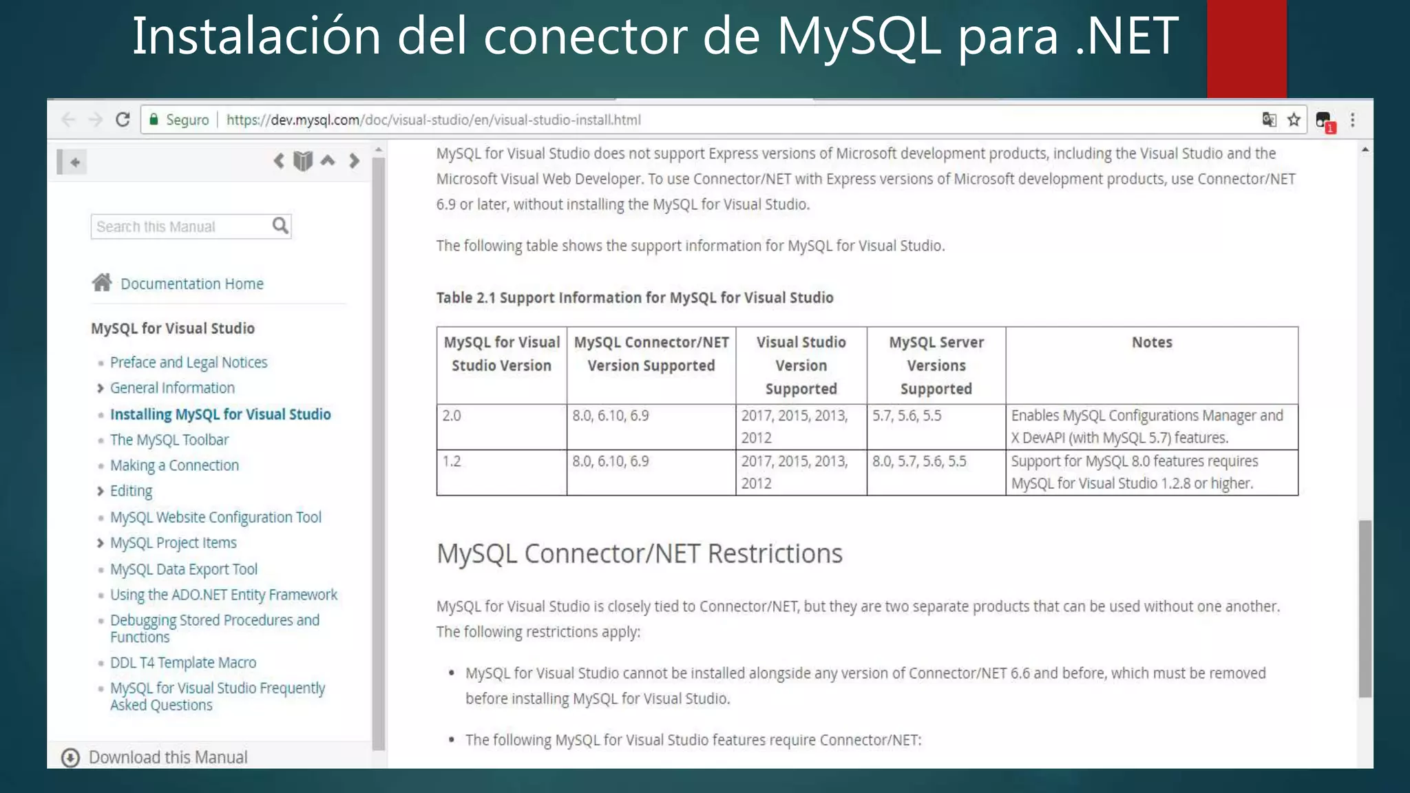 Instalación del conector de MySQL para .NET
 