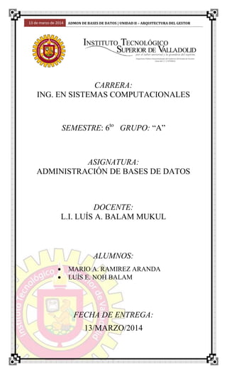 13 de marzo de 2014 ADMON DE BASES DE DATOS | UNIDAD II – ARQUITECTURA DEL GESTOR
CARRERA:
ING. EN SISTEMAS COMPUTACIONALES
SEMESTRE: 6to
GRUPO: “A”
ASIGNATURA:
ADMINISTRACIÓN DE BASES DE DATOS
DOCENTE:
L.I. LUÍS A. BALAM MUKUL
ALUMNOS:
 MARIO A. RAMIREZ ARANDA
 LUÍS E. NOH BALAM
FECHA DE ENTREGA:
13/MARZO/2014
 
