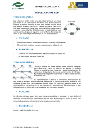 CONALEP GUADALAJARA II


                               TOPOLOGIAS DE RED.
TOPOLOGIA ANILLO

Las estaciones están unidas unas con otras formando un círculo
por medio de un cable común. El último nodo de la cadena se
conecta al primero cerrando el anillo. Las señales circulan en un
solo sentido alrededor del círculo, regenerándose en cada nodo.
Con esta metodología, cada nodo examina la información que es
enviada a través del anillo. Si la información no está dirigida al nodo
que la examina, la pasa al siguiente en el anillo. La desventaja del
anillo es que si se rompe una conexión, se cae la red completa.

        VENTAJAS

·    El sistema provee un acceso equitativo para todas las computadoras
·    El rendimiento no decae cuando muchos usuarios utilizan la red.

        DESVENTAJAS

·     La falla de una computadora altera el funcionamiento de toda la red.
·     Las distorsiones afectan a toda la red.


TOPOLOGIA HIBRIDA

                               Topología híbrida, las redes pueden utilizar diversas tipologías
                               para conectarse, como por ejemplo en estrella.La tipología
                               híbrida es una de las más frecuentes y se deriva de la unión de
                               varios tipos de topologías de red, de aquí el nombre de híbridas..
                               Ejemplos de topologías híbridas serían: en árbol, estrella-estrella,
                               bus-estrella, etc.

                               Su implementación se debe a la complejidad de la solución de
red, o bien al aumento en el número de dispositivos, lo que hace necesario establecer una
topología de este tipo. Las topologías híbridas tienen un costo muy elevado debido a su
administración y mantenimiento, ya que cuentan con segmentos de diferentes tipos, lo que
obliga a invertir en equipo adicional para lograr la conectividad deseada .

        VENTAJAS

Es más tolerante esto quiere decir que si una computadora es afectada y el resto de la red
mantiene su comunicación normalmente es más fácil de reconfigurar añadir y mover una
computadora es tan simple como conectar o desconectar el cable.

        DESVENTAJAS

Es muy cara la instalación de la red.




RODRIGUEZ RODRIGUEZ AIME
 