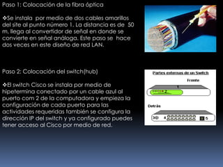 Paso 1: Colocación de la fibra óptica

Se instala por medio de dos cables amarillos
del site al punto número 1. La distancia es de 50
m, llega al convertidor de señal en donde se
convierte en señal análoga. Este paso se hace
dos veces en este diseño de red LAN.



Paso 2: Colocación del switch(hub)

El switch Cisco se instala por medio de
hipetermina conectado por un cable azul al
puerto com 2 de la computadora y empieza la
configuración de cada puerto para las
actividades requeridas también se configura la
dirección IP del switch y ya configurado puedes
tener acceso al Cisco por medio de red.
 