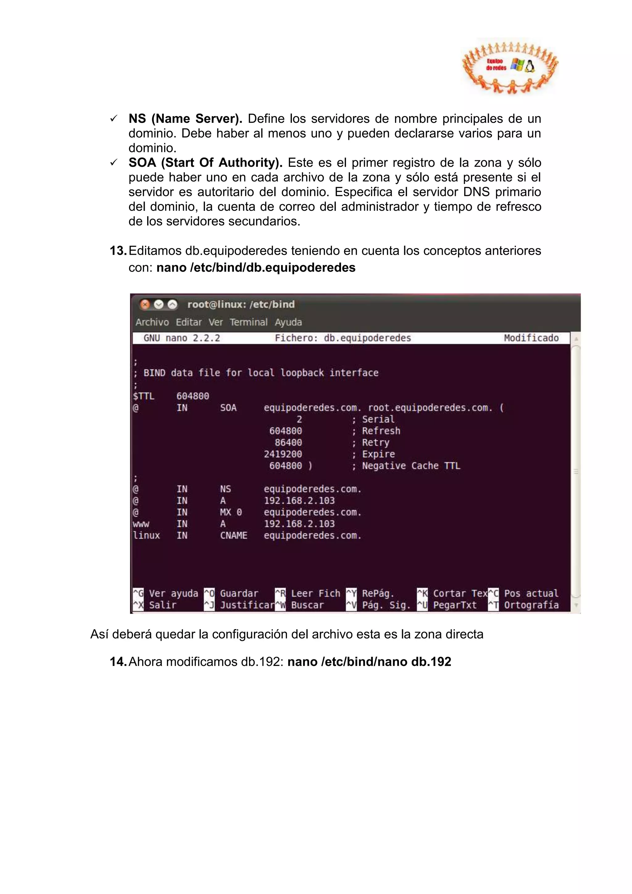  NS (Name Server). Define los servidores de nombre principales de un
     dominio. Debe haber al menos uno y pueden declararse varios para un
     dominio.
    SOA (Start Of Authority). Este es el primer registro de la zona y sólo
     puede haber uno en cada archivo de la zona y sólo está presente si el
     servidor es autoritario del dominio. Especifica el servidor DNS primario
     del dominio, la cuenta de correo del administrador y tiempo de refresco
     de los servidores secundarios.

   13. Editamos db.equipoderedes teniendo en cuenta los conceptos anteriores
       con: nano /etc/bind/db.equipoderedes




Así deberá quedar la configuración del archivo esta es la zona directa

   14. Ahora modificamos db.192: nano /etc/bind/nano db.192
 
