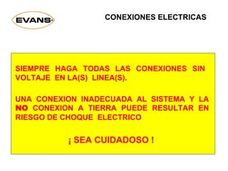 SIEMPRE HAGA TODAS LAS CONEXIONES SIN
VOLTAJE EN LA(S) LINEA(S).
UNA CONEXION INADECUADA AL SISTEMA Y LA
NO CONEXION A TIERRA PUEDE RESULTAR EN
RIESGO DE CHOQUE ELECTRICO
¡ SEA CUIDADOSO !
CONEXIONES ELECTRICAS
 