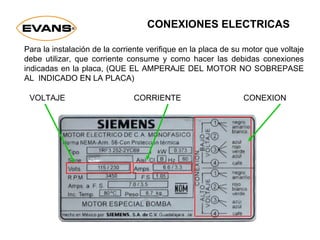 Para la instalación de la corriente verifique en la placa de su motor que voltaje
debe utilizar, que corriente consume y como hacer las debidas conexiones
indicadas en la placa, (QUE EL AMPERAJE DEL MOTOR NO SOBREPASE
AL INDICADO EN LA PLACA)
CONEXIONES ELECTRICAS
VOLTAJE CORRIENTE CONEXION
 