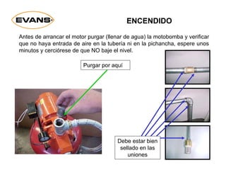ENCENDIDO
Antes de arrancar el motor purgar (llenar de agua) la motobomba y verificar
que no haya entrada de aire en la tubería ni en la pichancha, espere unos
minutos y cerciórese de que NO baje el nivel.
Debe estar bien
sellado en las
uniones
Purgar por aquí
 