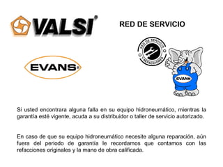 Si usted encontrara alguna falla en su equipo hidroneumático, mientras la
garantía esté vigente, acuda a su distribuidor o taller de servicio autorizado.
En caso de que su equipo hidroneumático necesite alguna reparación, aún
fuera del periodo de garantía le recordamos que contamos con las
refacciones originales y la mano de obra calificada.
RED DE SERVICIO
 