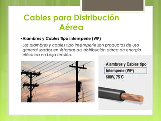 Cables para Distribución
         Aérea
•Alambres y Cables Tipo Intemperie (WP)
 Los alambres y cables tipo intemperie son productos de uso
 general usados en sistemas de distribución aérea de energía
 eléctrica en baja tensión.
 