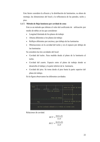 Este factor considera la eficacia y la distribución de luminarias, su altura de
   montaje, las dimensiones del local y la reflectancia de las paredes, techo y
   piso.
1.1.7. Método de flujo luminoso por cavidad de zona
      Este es un método que obtiene el valor del coeficiente de utilización por
      medio de tablas en las que consideran:
      •    Longitud ilimitada de los planos de trabajo
      •    Alturas diferentes a los planos de trabajo
      •    Reflejos diferentes por encima y por debajo de las luminarias
      •    Obstrucciones en la cavidad del techo y en el espacio por debajo de
           las luminarias
      Se considera las tres cavidades del local:
      •    Cavidad del techo. Área medida desde el plano de la luminaria al
           techo.
      •    Cavidad del cuarto. Espacio entre el plano de trabajo donde se
           desarrolla el trabajo y la parte inferior de la luminaria.
      •    Cavidad del piso. Se toma desde el piso hasta la parte superior del
           plano de trabajo.
      En la figura observamos las diferentes cavidades.




      Relaciones de cavidad.
                                             ht ( LxA)
                                     RCT =
                                               LxA
                                             hc ( LxA)
                                    RCC =
                                               LxA




                                                                               22
 