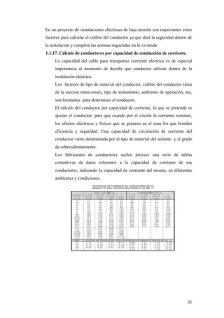 En un proyecto de instalaciones eléctricas de baja tensión son importantes estos
factores para calcular el calibre del conductor ya que dará la seguridad dentro de
la instalación y cumplirá las normas requeridas en la vivienda
1.1.17. Cálculo de conductores por capacidad de conducción de corriente.
     La capacidad del cable para transportar corriente eléctrica es de especial
     importancia al momento de decidir que conductor utilizar dentro de la
     instalación eléctrica.
     Los factores de tipo de material del conductor, calibre del conductor (área
     de la sección transversal), tipo de aislamiento, ambiente de operación, etc,
     son limitantes para determinar el conductor.
     El cálculo del conductor por capacidad de corriente, lo que se pretende es
     ajustar el conductor, para que cuando por el circule la corriente nominal,
     los efectos eléctricos y físicos que se generen en el sean los que brinden
     eficiencia y seguridad. Esta capacidad de circulación de corriente del
     conductor viene determinada por el tipo de material del aislante y el grado
     de sobrecalentamiento.
     Los fabricantes de conductores suelen proveer una serie de tablas
     contentivas de datos referentes a la capacidad de corriente de sus
     conductores, indicando la capacidad de corriente del mismo, en diferentes
     ambientes y condiciones.




                                                                               31
 