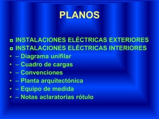 PLANOS
◘ INSTALACIONES ELÉCTRICAS EXTERIORES
◘ INSTALACIONES ELÉCTRICAS INTERIORES
• – Diagrama unifilar
• – Cuadro de cargas
• – Convenciones
• – Planta arquitectónica
• – Equipo de medida
• – Notas aclaratorias rótulo
 