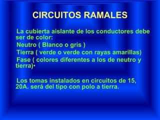 CIRCUITOS RAMALES
La cubierta aislante de los conductores debe
ser de color:
Neutro ( Blanco o gris )
Tierra ( verde o verde con rayas amarillas)
Fase ( colores diferentes a los de neutro y
tierra)•
Los tomas instalados en circuitos de 15,
20A. será del tipo con polo a tierra.
 