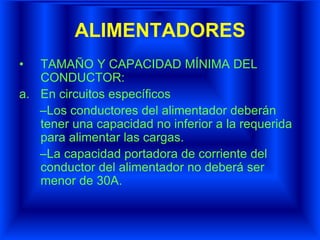 ALIMENTADORES
• TAMAÑO Y CAPACIDAD MÍNIMA DEL
CONDUCTOR:
a. En circuitos específicos
–Los conductores del alimentador deberán
tener una capacidad no inferior a la requerida
para alimentar las cargas.
–La capacidad portadora de corriente del
conductor del alimentador no deberá ser
menor de 30A.
 