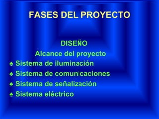 FASES DEL PROYECTO
DISEÑO
Alcance del proyecto
♠ Sistema de iluminación
♠ Sistema de comunicaciones
♠ Sistema de señalización
♠ Sistema eléctrico
 