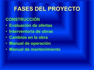 FASES DEL PROYECTO
CONSTRUCCIÓN
• Evaluación de ofertas
• Interventoría de obras
• Cambios en la obra
• Manual de operación
• Manual de mantenimiento
 