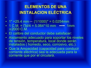 ELEMENTOS DE UNA
INSTALACION ELÉCTRICA
•
• 1" =25.4 mm (1/1000)" = 0.0254mm
• 1 C.M. = Πd/4 = 5.064*10 mm 1mm
≅2000 C.M.
• El calibre del conductor debe satisfacer:
• Aislamiento adecuado para soportar los niveles
de tensión, temperatura, local donde serán
instalados ( húmedo, seco, corrosivo, etc.).
• Que la Ampacidad (capacidad para conducir
corriente eléctrica) sea la adecuada para la
corriente que por el circulará.
 