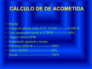 CÁLCULO DE DE ACOMETIDA
• Estufa:
• Carga en placas entre 8.75 -12 KW ----------8.000 W
• Con capacidad menor a 8.75KW --------------80%
• -Según norma EPM
• Iluminación general y tomas:
• Primeros 2500 W.-----------------100%
• Sobre 2500W.----------------------30%
• Estufa --------------------------------100%
 
