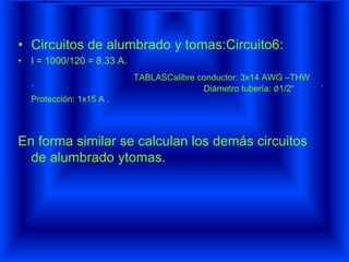 • Circuitos de alumbrado y tomas:Circuito6:
• I = 1000/120 = 8.33 A.
TABLASCalibre conductor: 3x14 AWG –THW
´ Diámetro tubería: ∅1/2“ ´
Protección: 1x15 A .
En forma similar se calculan los demás circuitos
de alumbrado ytomas.
 