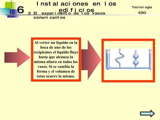 6 Instalaciones en los edificios 3 Tecnología ESO El experimento de los vasos comunicantes Al verter un líquido en la boca de uno de los recipientes el líquido fluye hasta que alcanza la misma altura en todos los vasos. Si se cambia la forma y el volumen de éstos ocurre lo mismo. 