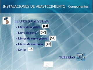 INSTALACIONES DE ABASTECIMIENTO.   Componentes TUBERÍAS LLAVES O VÁLVULAS: - Llave de registro - Llave de paso - Llaves de corte general - Llaves de sanitario - Grifos 