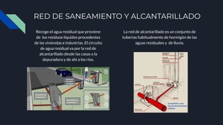 RED DE SANEAMIENTO Y ALCANTARILLADO
Recoge el agua residual que proviene
de los residuos líquidos procedentes
de las vivie...