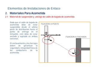 Elementos de Instalaciones de Enlace
2.
2 Materiales Para Acometida
2.1 Material de suspensión y anclaje de cable de bajada de acometida

    Dado que el cable de bajada de
    acometida debe de estar
    suspendido desde el ultimo
    poste de distribución hasta el
    punto de entrega en el
    inmueble, este debe de estar
    anclado y sujetado en ambos
    extremos.

    El enclavamiento y los herrajes
    deben     de    garantizar    la
    seguridad e integridad física de
    los    conductores     de     la
    acometida.
 