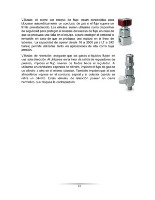 13
Válvulas de cierre por exceso de flujo: están concebidas para
bloquear automáticamente un conducto de gas si el flujo supera un
límite preestablecido. Las válvulas suelen utilizarse como dispositivo
de seguridad para proteger el sistema del exceso de flujo en caso de
que se produzca una falla en el equipo, o para proteger al personal e
inmueble en caso de que se produzca una ruptura en la línea de
tuberías. La capacidad de operar desde 10 a 3500 psi (1,7 a 242
bares) permite utilizarlas tanto en aplicaciones de alta como baja
presión.
Válvulas de retención: aseguran que los gases o líquidos fluyan en
una sola dirección. Al utilizarse en la línea de salida de reguladores de
presión, impiden el flujo inverso de fluidos hacia el regulador. Al
utilizarse en conductos espirales de cilindro, impiden el flujo de gas de
un cilindro a otro en el mismo colector. También impiden que el aire
atmosférico ingrese en el conducto espiral y el colector cuando se
retira un cilindro. Estas válvulas de retención poseen un cierre
hermético que bloquea la contrapresión.
 