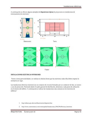 Instalaciones eléctricas


A continuación se ofrecen algunos ejemplos de disposiciones típicas de proyectores en instalaciones de
entrenamiento de exteriores.1




INSTALACIONES ELÉCTRICAS INTERIORES

Tienen ciertas particularidades y se realizan en distinta forma que las exteriores; todas ellas deben respetar la
normativa en vigor.

Las instalaciones eléctricas interiores son un conjunto de circuitos formados por un conductor de fase, un neutro
y uno de protección. Partiendo desde el cuadro general de distribución, alimentan a cada punto de utilización
en el interior del edificio. A continuación se indican las instalaciones más comunes en los interiores de
edificios.2




             1.   http://edison.upc.edu/curs/llum/exterior/deportes.htm

             2.   http://www.construmatica.com/construpedia/Instalaciones_El%C3%A9ctricas_Interiores


ARQUITECTURA          Construcción III                                                                   Página 40
 