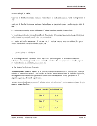 Instalaciones eléctricas



vivienda es mayor de 160 m2.

C8 circuito de distribución interna, destinado a la instalación de calefacción eléctrica, cuando existe previsión de
ésta.

C9 circuito de distribución interna, destinado a la instalación de aire acondicionado, cuando existe previsión de
éste.

C10 circuito de distribución interna, destinado a la instalación de una secadora independiente.

C11 circuito de distribución interna, destinado a la alimentación del sistema de automatización, gestión técnica
de la energía y de seguridad, cuando exista previsión de ésta.

C12 circuitos adicionales de cualquiera de los tipos C 3 o C4, cuando se prevean, o circuito adicional del tipo C 5,
cuando su número de tomas de corriente exceda de 6.




2.4.- Cuadro General de la vivienda.


En el cuadro general de la vivienda se situará lo más cerca posible del punto de entrada de la derivación
individual de la vivienda y junto a la puerta de entrada a una altura del suelo comprendida entre 1,4 m y 2 m.
No podrá colocarse en dormitorios, baños, aseos, etc.

En él se situarán los siguientes elementos:

- El interruptor de Control de Potencia (ICP) lo instala la empresa suministradora de la energía para limitar el
consumo de corriente del abonado. Debe ubicarse en una caja, inmediatamente antes de los demás dispositivos,
en compartimento independiente y precintable. Puede colocarse en el mismo cuadro que el resto de los
dispositivos generales de mando y protección.

La empresa suministradora proporciona el valor del mismo dependiendo de la potencia a contratar, por ejemplo
esta es la tabla de Iberdrola:


                                     Potencias a contratar    Corriente del ICP


                                              2300 W                 10 A


                                              3450 W                 15 A


                                              4600 W                 20 A




ARQUITECTURA          Construcción III                                                                      Página 53
 