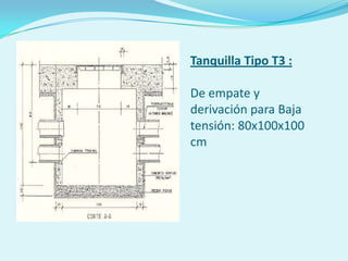 Tanquilla Tipo T3 :

De empate y
derivación para Baja
tensión: 80x100x100
cm
 