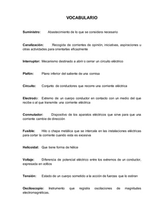 VOCABULARIO
Suministro: Abastecimiento de lo que se considera necesario
Canalización: Recogida de corrientes de opinión, iniciativas, aspiraciones u
otras actividades para orientarlas eficazmente
Interruptor: Mecanismo destinado a abrir o cerrar un circuito eléctrico
Plafón: Plano inferior del saliente de una cornisa
Circuito: Conjunto de conductores que recorre una corriente eléctrica
Electrodo: Extremo de un cuerpo conductor en contacto con un medio del que
recibe o al que transmite una corriente eléctrica
Conmutador: Dispositivo de los aparatos eléctricos que sirve para que una
corriente cambie de dirección
Fusible: Hilo o chapa metálica que se intercala en las instalaciones eléctricas
para cortar la corriente cuando esta es excesiva
Helicoidal: Que tiene forma de hélice
Voltaje: Diferencia de potencial eléctrico entre los extremos de un conductor,
expresada en voltios
Tensión: Estado de un cuerpo sometido a la acción de fuerzas que lo estiran
Osciloscopio: Instrumento que registra oscilaciones de magnitudes
electromagnéticas.
 