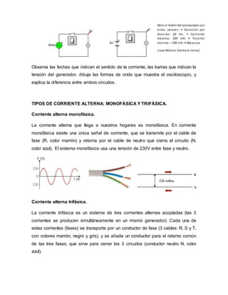 Observa las fechas que indican el sentido de la corriente, las barras que indican la
tensión del generador, dibuja las formas de onda que muestra el osciloscopio, y
explica la diferencia entre ambos circuitos.
TIPOS DE CORRIENTE ALTERNA: MONOFÁSICA Y TRIFÁSICA.
Corriente alterna monofásica.
La corriente alterna que llega a nuestros hogares es monofásica. En corriente
monofásica existe una única señal de corriente, que se transmite por el cable de
fase (R, color marrón) y retorna por el cable de neutro que cierra el circuito (N,
color azul). El sistema monofásico usa una tensión de 230V entre fase y neutro.
Corriente alterna trifásica.
La corriente trifásica es un sistema de tres corrientes alternas acopladas (las 3
corrientes se producen simultáneamente en un mismo generador). Cada una de
estas corrientes (fases) se transporta por un conductor de fase (3 cables: R, S y T,
con colores marrón, negro y gris), y se añade un conductor para el retorno común
de las tres fases, que sirve para cerrar los 3 circuitos (conductor neutro N, color
azul).
Abre el botóndel osciloscopio con
estos valores: • Duración por
división: 20 ms. • Corriente
máxima: 100 mA. • Tensión
mínima: –100 mA. • Measure
slow Motion (Cámara lenta).
 