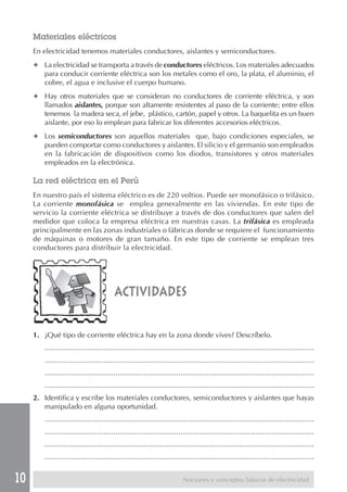 10
Materiales eléctricos
En electricidad tenemos materiales conductores, aislantes y semiconductores.
✦ La electricidad se transporta a través de conductores eléctricos. Los materiales adecuados
para conducir corriente eléctrica son los metales como el oro, la plata, el aluminio, el
cobre, el agua e inclusive el cuerpo humano.
✦ Hay otros materiales que se consideran no conductores de corriente eléctrica, y son
llamados aislantes, porque son altamente resistentes al paso de la corriente; entre ellos
tenemos la madera seca, el jebe, plástico, cartón, papel y otros. La baquelita es un buen
aislante, por eso lo emplean para fabricar los diferentes accesorios eléctricos.
✦ Los semiconductores son aquellos materiales que, bajo condiciones especiales, se
pueden comportar como conductores y aislantes. El silicio y el germanio son empleados
en la fabricación de dispositivos como los diodos, transistores y otros materiales
empleados en la electrónica.
La red eléctrica en el Perú
En nuestro país el sistema eléctrico es de 220 voltios. Puede ser monofásico o trifásico.
La corriente monofásica se emplea generalmente en las viviendas. En este tipo de
servicio la corriente eléctrica se distribuye a través de dos conductores que salen del
medidor que coloca la empresa eléctrica en nuestras casas. La trifásica es empleada
principalmente en las zonas industriales o fábricas donde se requiere el funcionamiento
de máquinas o motores de gran tamaño. En este tipo de corriente se emplean tres
conductores para distribuir la electricidad.
1. ¿Qué tipo de corriente eléctrica hay en la zona donde vives? Descríbelo.
.....................................................................................................................................
.....................................................................................................................................
.....................................................................................................................................
.....................................................................................................................................
2. Identifica y escribe los materiales conductores, semiconductores y aislantes que hayas
manipulado en alguna oportunidad.
.....................................................................................................................................
.....................................................................................................................................
.....................................................................................................................................
.....................................................................................................................................
actividades
Nociones y conceptos básicos de electricidad
 