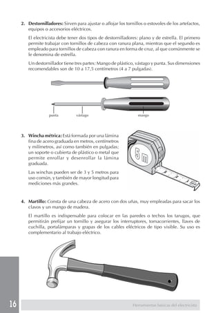 16
2. Destornilladores: Sirven para ajustar o aflojar los tornillos o estovoles de los artefactos,
equipos o accesorios eléctricos.
El electricista debe tener dos tipos de destornilladores: plano y de estrella. El primero
permite trabajar con tornillos de cabeza con ranura plana, mientras que el segundo es
empleado para tornillos de cabeza con ranura en forma de cruz, al que comúnmente se
le denomina de estrella.
Un destornillador tiene tres partes: Mango de plástico, vástago y punta. Sus dimensiones
recomendables son de 10 a 17,5 centímetros (4 a 7 pulgadas).
3. Wincha métrica: Está formada por una lámina
fina de acero graduada en metros, centímetros
y milímetros, así como también en pulgadas;
un soporte o cubierta de plástico o metal que
permite enrollar y desenrollar la lámina
graduada.
Las winchas pueden ser de 3 y 5 metros para
uso común, y también de mayor longitud para
mediciones más grandes.
punta vástago mango
Herramientas básicas del electricista
4. Martillo: Consta de una cabeza de acero con dos uñas, muy empleadas para sacar los
clavos y un mango de madera.
El martillo es indispensable para colocar en las paredes o techos los tarugos, que
permitirán prefijar un tornillo y asegurar los interruptores, tomacorrientes, llaves de
cuchilla, portalámparas y grapas de los cables eléctricos de tipo visible. Su uso es
complementario al trabajo eléctrico.
 