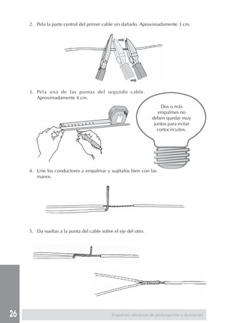 26
Dos o más
empalmes no
deben quedar muy
juntos para evitar
cortocircuitos.
Empalmes eléctricos de prolongación y derivación
2. Pela la parte central del primer cable sin dañarlo. Aproximadamente 3 cm.
3. Pela una de las puntas del segundo cable.
Aproximadamente 4 cm.
4. Une los conductores a empalmar y sujétalos bien con las
manos.
5. Da vueltas a la punta del cable sobre el eje del otro.
 