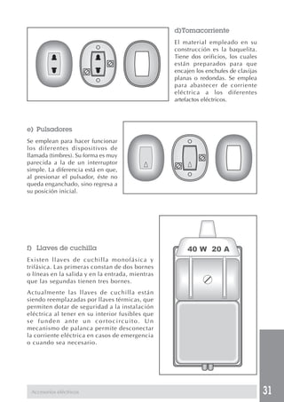 31
d)Tomacorriente
El material empleado en su
construcción es la baquelita.
Tiene dos orificios, los cuales
están preparados para que
encajen los enchufes de clavijas
planas o redondas. Se emplea
para abastecer de corriente
eléctrica a los diferentes
artefactos eléctricos.
e) Pulsadores
Se emplean para hacer funcionar
los diferentes dispositivos de
llamada (timbres). Su forma es muy
parecida a la de un interruptor
simple. La diferencia está en que,
al presionar el pulsador, éste no
queda enganchado, sino regresa a
su posición inicial.
f) Llaves de cuchilla
Existen llaves de cuchilla monofásica y
trifásica. Las primeras constan de dos bornes
o líneas en la salida y en la entrada, mientras
que las segundas tienen tres bornes.
Actualmente las llaves de cuchilla están
siendo reemplazadas por llaves térmicas, que
permiten dotar de seguridad a la instalación
eléctrica al tener en su interior fusibles que
se funden ante un cortocircuito. Un
mecanismo de palanca permite desconectar
la corriente eléctrica en casos de emergencia
o cuando sea necesario.
Accesorios eléctricos
40 W 20 A
 