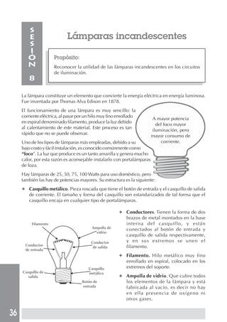 36
Lámparas incandescentes
Propósito:
Reconocer la utilidad de las lámparas incandescentes en los circuitos
de iluminación.
S
E
S
I
Ó
N
8
A mayor potencia
del foco mayor
iluminación, pero
mayor consumo de
corriente.
La lámpara constituye un elemento que convierte la energía eléctrica en energía luminosa.
Fue inventada por Thomas Alva Edison en 1878.
El funcionamiento de una lámpara es muy sencillo: la
corriente eléctrica, al pasar por un hilo muy fino enrollado
en espiral denominado filamento, produce la luz debido
al calentamiento de este material. Este proceso es tan
rápido que no se puede observar.
Uno de los tipos de lámparas más empleadas, debido a su
bajo costo y fácil instalación, es conocido comúnmente como
“foco”. La luz que produce es un tanto amarilla y genera mucho
calor, por esta razón es aconsejable instalarlo con portalámparas
de loza.
Hay lámparas de 25, 50, 75, 100 Watts para uso doméstico, pero
también las hay de potencias mayores. Su estructura es la siguiente:
✦ Casquillo metálico. Pieza roscada que tiene el botón de entrada y el casquillo de salida
de corriente. El tamaño y forma del casquillo son estandarizados de tal forma que el
casquillo encaja en cualquier tipo de portalámparas.
✦ Conductores. Tienen la forma de dos
brazos de metal montados en la base
interna del casquillo, y están
conectados al botón de entrada y
casquillo de salida respectivamente,
y en sus extremos se unen el
filamento.
✦ Filamento. Hilo metálico muy fino
enrollado en espiral, colocado en los
extremos del soporte.
✦ Ampolla de vidrio. Que cubre todos
los elementos de la lámpara y está
fabricada al vacío, es decir no hay
en ella presencia de oxígeno ni
otros gases.
Filamento
Ampolla de
vidrio
Conductor
de entrada
Conductor
de salida
Casquillo de
salida
Casquillo
metálico
Botón de
entrada
 