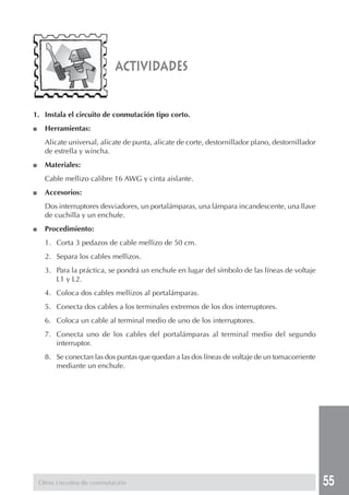 55
actividades
1. Instala el circuito de conmutación tipo corto.
■ Herramientas:
Alicate universal, alicate de punta, alicate de corte, destornillador plano, destornillador
de estrella y wincha.
■ Materiales:
Cable mellizo calibre 16 AWG y cinta aislante.
■ Accesorios:
Dos interruptores desviadores, un portalámparas, una lámpara incandescente, una llave
de cuchilla y un enchufe.
■ Procedimiento:
1. Corta 3 pedazos de cable mellizo de 50 cm.
2. Separa los cables mellizos.
3. Para la práctica, se pondrá un enchufe en lugar del símbolo de las líneas de voltaje
L1 y L2.
4. Coloca dos cables mellizos al portalámparas.
5. Conecta dos cables a los terminales extremos de los dos interruptores.
6. Coloca un cable al terminal medio de uno de los interruptores.
7. Conecta uno de los cables del portalámparas al terminal medio del segundo
interruptor.
8. Se conectan las dos puntas que quedan a las dos líneas de voltaje de un tomacorriente
mediante un enchufe.
Otros circuitos de conmutación
 